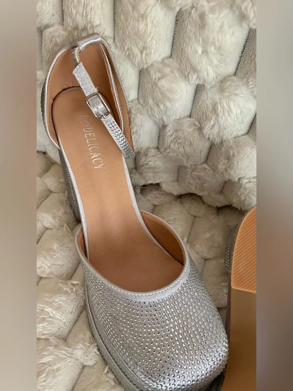 Silver Rhinestone Platform Block Heels with Ankle Strap